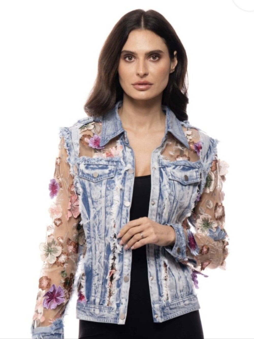 Adore Acid-Wash Denim Jacket with Multicolor Floral Appliqué